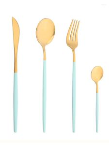 Dijkartikelen 4 -delige western bestek set mint goud servies roestvrijstalen diner lepels lepels vork mes compleet flatware