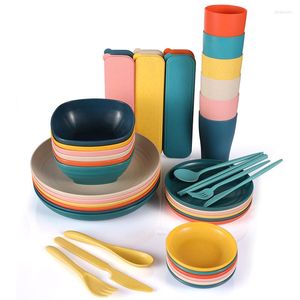 Ensembles de vaisselle 42 pièces ensemble de couverts en paille de blé bol soucoupes assiette Portable pique-nique couteau fourchette Camping plats vaisselle complète