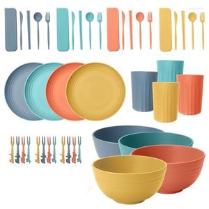 Ensembles de vaisselle 44 pièces vaisselle en paille de blé bols tasses assiettes couverts cuisine écologique fourchette cuillère