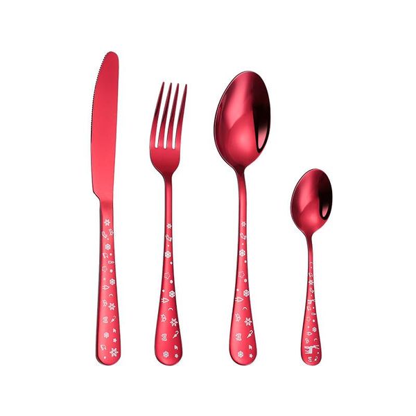 Conjuntos de vajilla 4pc Set de Navidad Vajilla de viaje de acero inoxidable Cuchillo Tenedor Cuchara de té Cubiertos Cubiertos de oro Cubiertos reutilizables