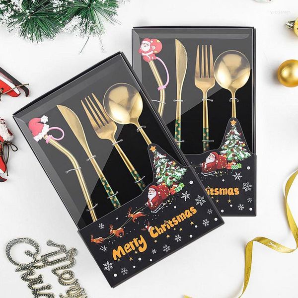 Ensembles de vaisselle 4pcs cadeau de Noël couverts cuillère fourchette ensemble décoration du père noël dessert fruits café