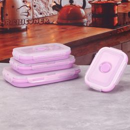 Ensembles de vaisselle 4 pièces Conteneur pliable en silicone Portable Bento Boîte à déjeuner Microware Cuisine à domicile Conteneurs de stockage en plein air