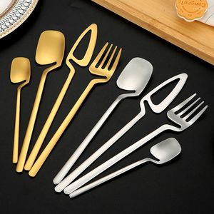 Juegos de vajilla, 4 Uds., cubiertos colgantes dorados, cuchillo con mango curvo de acero inoxidable, tenedor, juego de cucharas de café, vajilla de cocina occidental