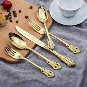 Dijkartikelen sets 4 stks hoogwaardige Europese stijl reliëf bruiloft goud zilverwerk roestvrijstalen bestek vergulde flatware