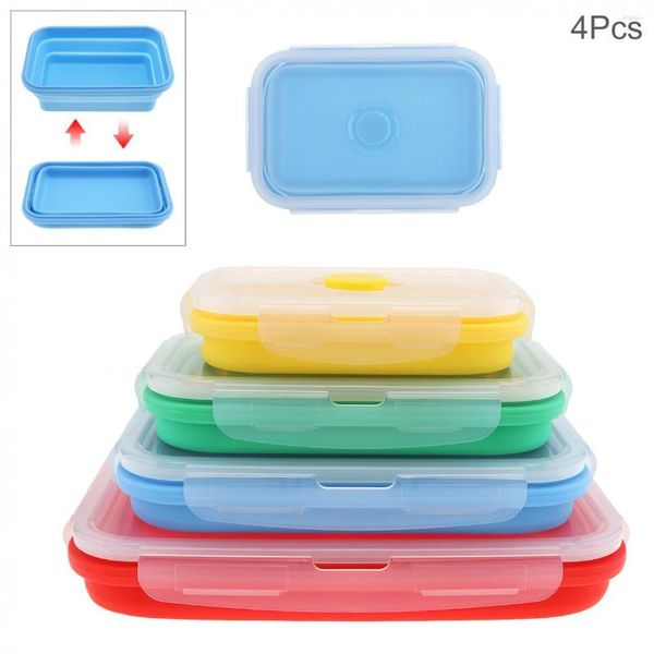 Ensembles de vaisselle 4 pcs/lot 350/500 800 1200 ML Portable Rectangle Silicone Évolutif Pliant Lunchbox Bento Box Avec Bouchon D'étanchéité