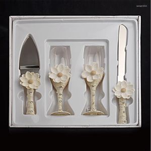 Din sets sets 4 stcs lintbloem versierd roestvrijstalen cakemes serveerset champagne wijnglas goblet beker voor bruiloft verjaardag