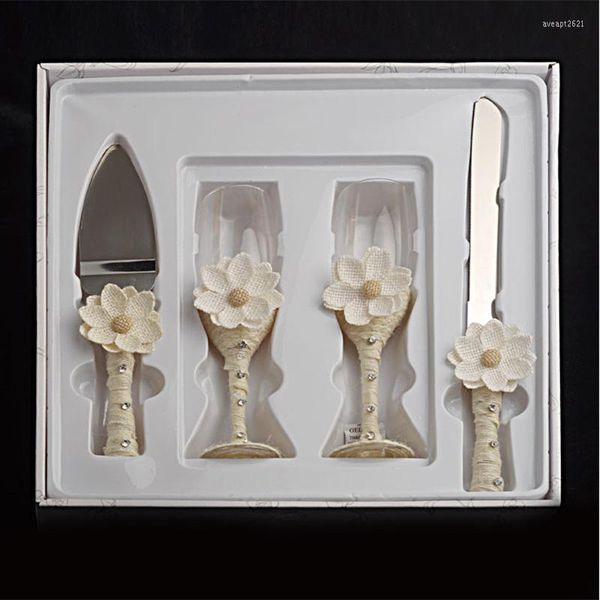 Ensembles De Vaisselle 4pcs Ruban Fleur Décoré En Acier Inoxydable Couteau À Gâteau Service Ensemble Champagne Verre À Vin Gobelet Coupe Pour Anniversaire De Mariage