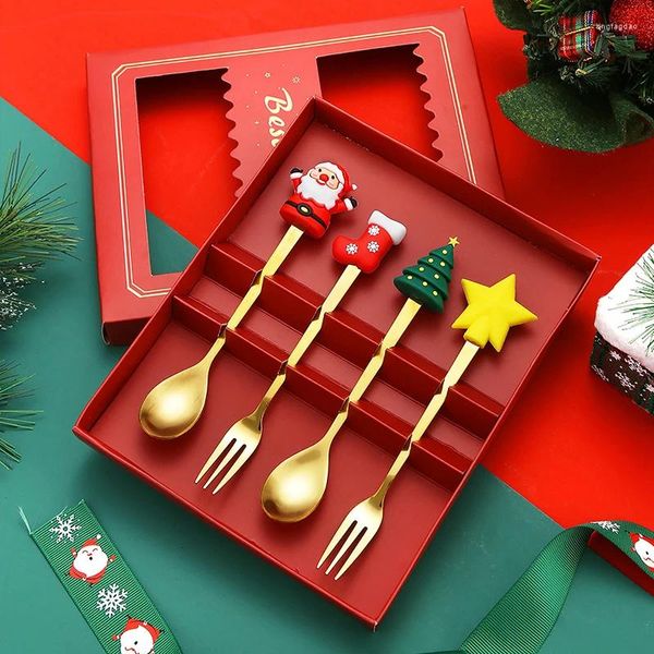 Conjuntos de vajilla 4 unids/set dibujos animados Navidad muñeca cucharas tenedor caja de regalo café postre cuchara fiesta de Navidad vajilla decoración acero inoxidable