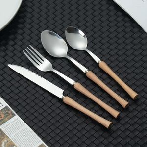 Serviessets 4 stks / set keukenservies roestvrij staal diner zilveren set mes vork lepel met houten handvat bestek