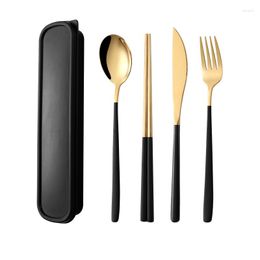 Dijkartikelen sets 4 stks/set draagbare bestek kit roestvrij staal gouden camping servies set mes fork chopsticks reisdinnerware met cadeau