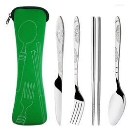 Ensembles de vaisselle 4pcs / set couteaux portables fourchette cuillère baguettes en acier inoxydable famille camping steak couverts vaisselle avec sac