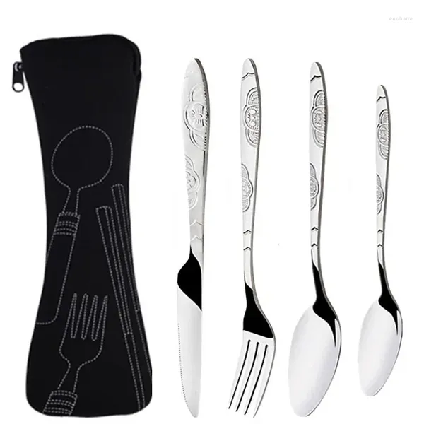 Ensembles de vaisselle 4pcs Set Portable Imprimé en acier inoxydable Spoon Steak Steak Knife Couvrerie Couvrerie de table avec sac