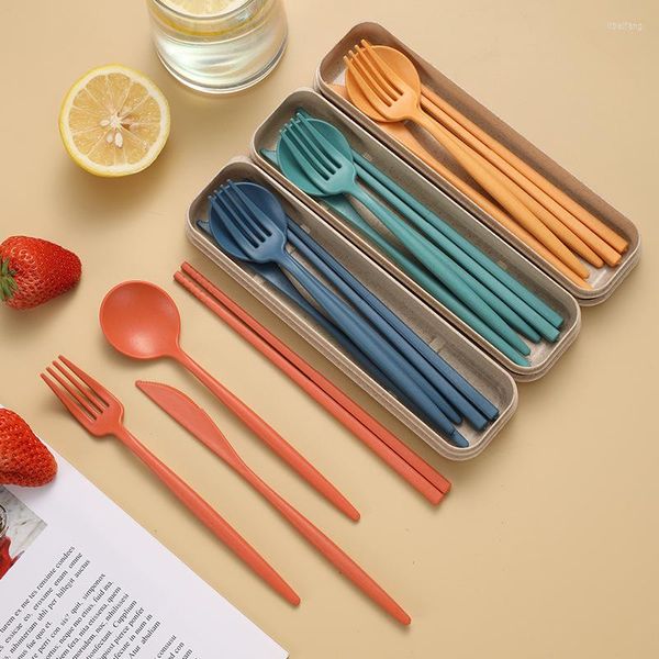 Juegos de vajilla 4 unids/set cuchara tenedor cuchillo palillos cubiertos paja de trigo portátil con estuche Kit vajilla de almuerzo respetuoso con el medio ambiente