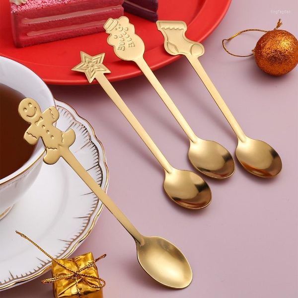 Ensembles de vaisselle 4 pièces/ensemble cuillère à café de noël en acier inoxydable mignon pain d'épice homme Dessert ensemble cadeaux vaisselle accessoires de cuisine