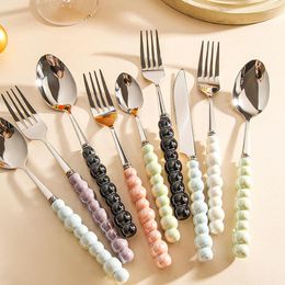 Dinnerware Sets 4 pièces/ensemble vaisselle en acier inoxydable avec poignée en céramique perle El Restaurant couteau fourchette cuillère ensemble soupe cuisine fournitures