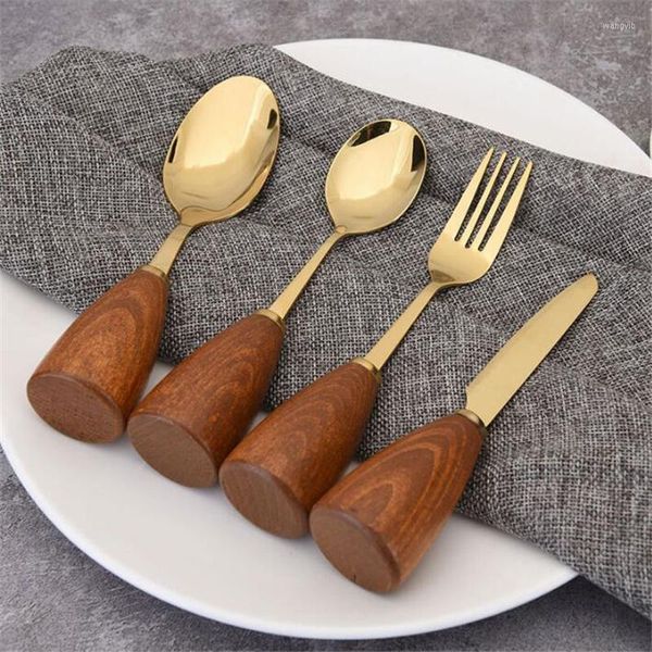 Ensembles de vaisselle 4 pièces/ensemble manche en bois vaisselle plaqué or ensemble de couverts occidentaux fourchette à dîner cuillères de fête cuisine