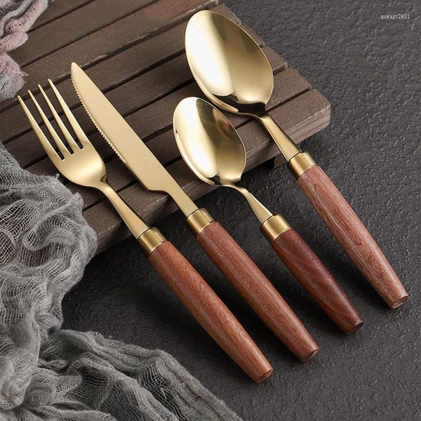 Ensembles de vaisselle 4 pièces manche en bois ensemble de couverts couteaux de cuisine occidentaux fourchettes cuillères en acier inoxydable voyage vaisselle goutte