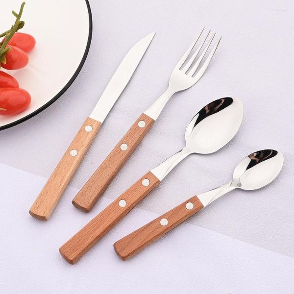 Conjuntos de vajillas 4 unids Conjunto de mango de madera Espejo 304 Cubiertos de acero inoxidable Cuchara Cuchillo Tenedor Cena Vajilla Cocina casera completa