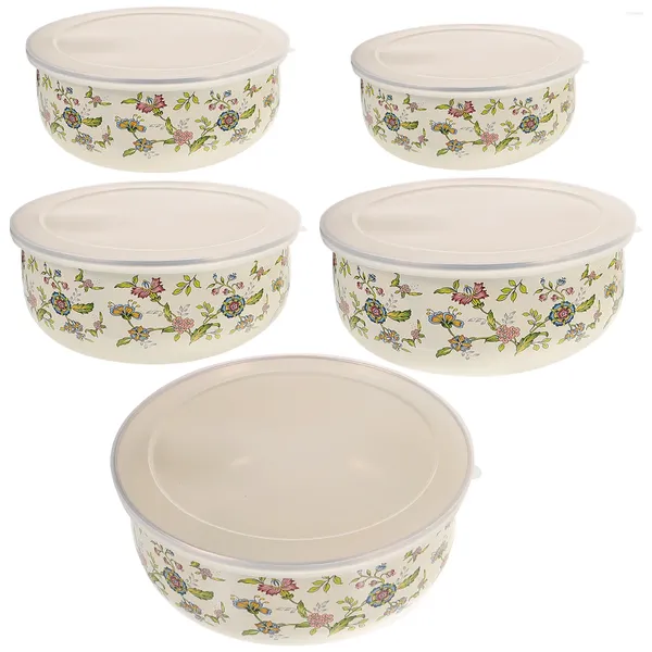 Ensembles de vaisselle 5 pcs bols en émail avec couvercles mélangeant pour le stockage de salade de cuisine