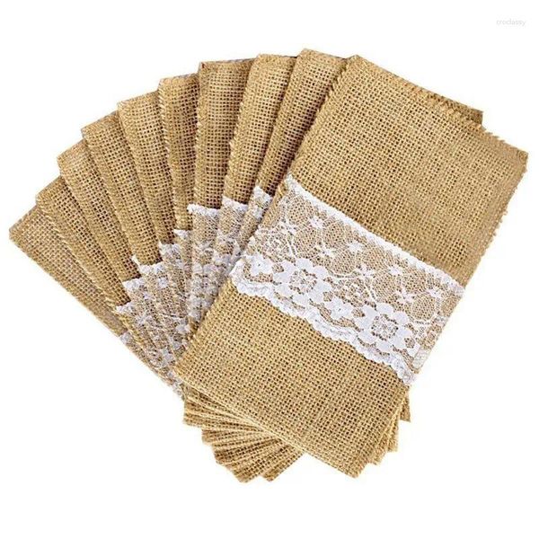 Ensembles de vaisselle 50 pièces Vintage Jute toile de Jute toile de jute dentelle pochette à couverts rustique décoration de mariage fête d'anniversaire porte-vaisselle sac