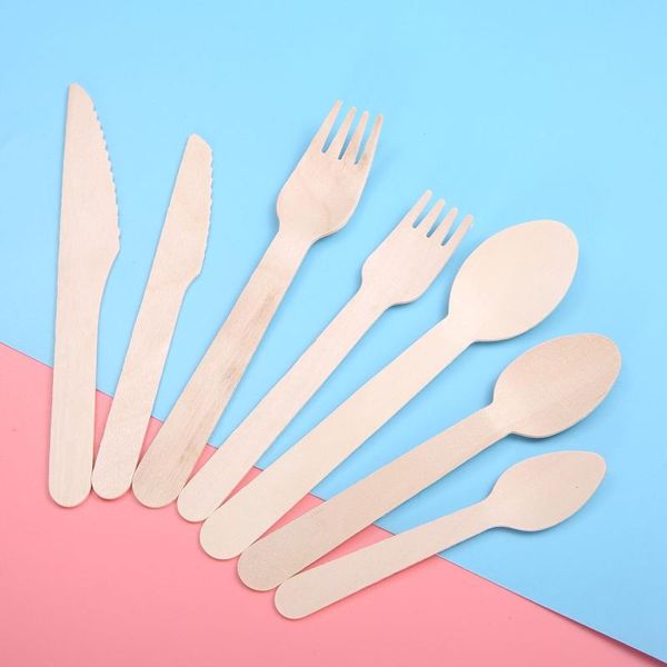 Ensembles de vaisselle 50pcs/150pcs couverts en bois jetables fourchettes/cuillères/coupeurs emballage 16cm couteaux fournitures de fête ustensiles de cuisine Table à Dessert