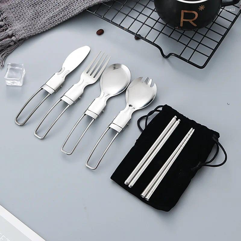 Dinnerware Sets 5pcs Foldable Cutlery Set 304 Stainless Steel Spoon Fork Knife Chopsticks Folding Outdoor Picnic Camping Travel Portable