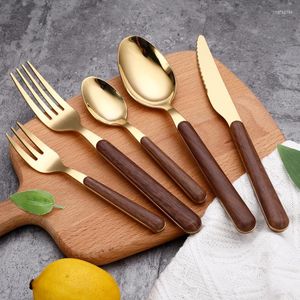 Ensembles de vaisselle 5 pièces manche en bois Imitation ensemble de couverts couteau à Steak Portable fourchette cuillère Grain Dessert cuisine vaisselle dorée