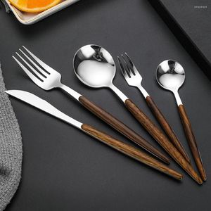 Ensembles de vaisselle 5 pièces métal cuillère fourchette couteau ensemble or argent couverts en acier inoxydable avec manche en bois Western couverts vaisselle