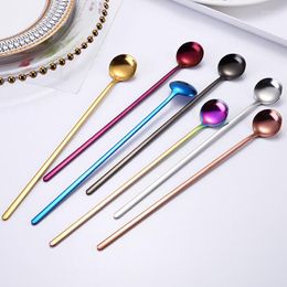 Din sets sets 5 % Round Head Longgreep lepel kleurrijke roestvrijstalen lepels flatware drinkgereedschap keukengadget koffie fruit