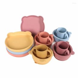 Ensembles de vaisselle 5 pièces/ensemble ours Silicone vaisselle ensemble étanche bébé dessin animé supplément bol assiette cuillère fourchette antidérapant