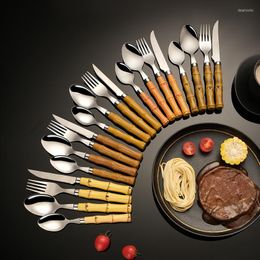 Dijkartikelen sets 5 stks/set set set bamboo servies roestvrij staal natuurhandgreep retro cutlery steak messen tafel vork lepel dessert