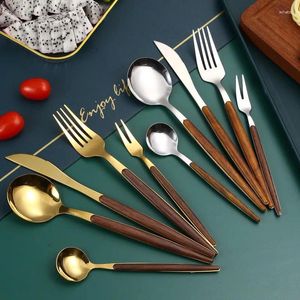 Ensembles de vaisselle 5 pièces manche en bois ensemble de couverts dorés couteau en acier inoxydable fourchette cuillère vaisselle couverts Festival cuisine cadeau