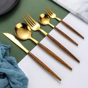 Dijkartikelen sets 6 gouden kwaliteit roestvrijstalen messenvork feestje bestek houten handgreep drop -druppel