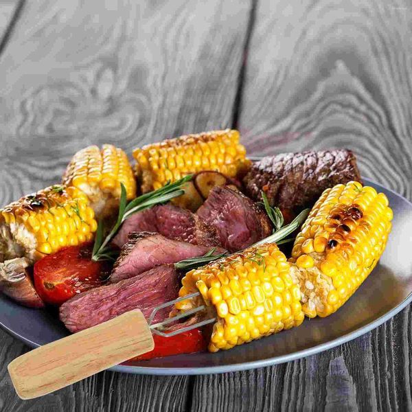 Juegos de vajilla 6 PCS Brochetas de maíz anti-escaldaduras Tenedor reutilizable Mango de madera Herramientas para barbacoa Tenedores Portatil de acero inoxidable portátil Barbacoa