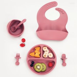 Ensembles de vaisselle Ensemble de 6 pièces Vaisselle d'alimentation en silicone sans danger pour bébé Grande section Assiette à dîner Bol Kit de couverts pour bébé