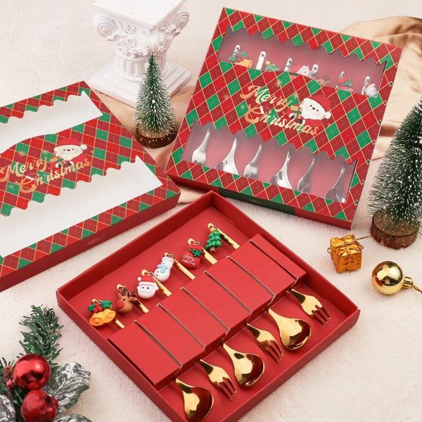 Conjuntos de vajilla, 6 uds./4 Uds., juego de vajilla de regalo, alce, decoración de árbol de Navidad, cuchara de postre, tenedor de fruta, café