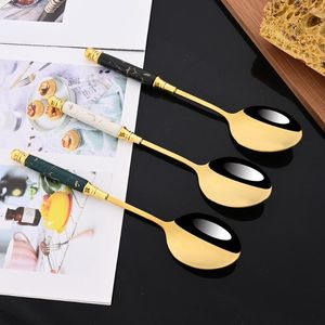 Dinware sets 6pcs keramische handgreep lepel roestvrijstalen soep lang goud dessert rond diner set servies