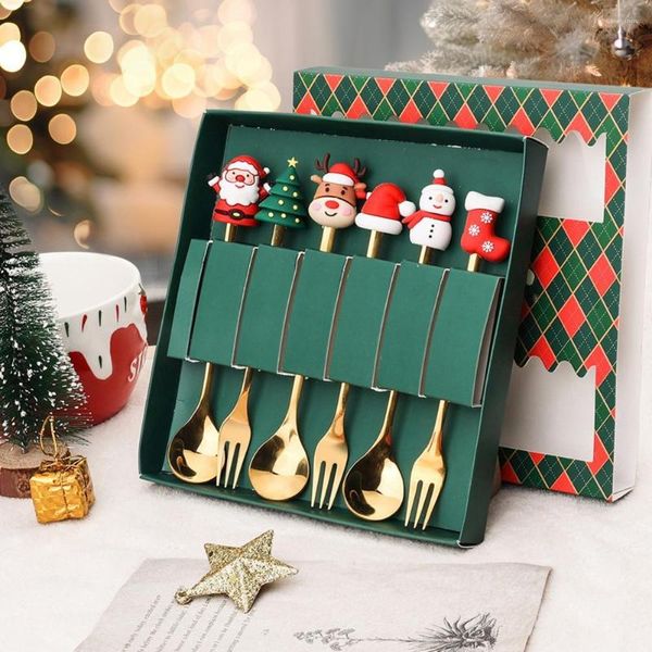 Ensembles de vaisselle 6PCS Cadeau de Noël Glod Cuillère Fourchette Set Elk Tree Décoration Dessert Scoop Fruits Café Couverts