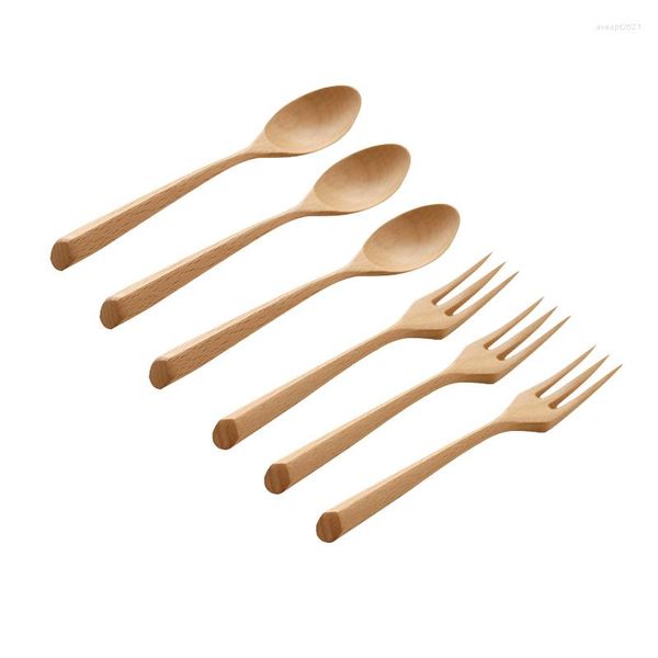 Juegos de vajilla, 6 uds., cuchara creativa de madera Natural para cenar, tenedor, vajilla japonesa, juego de madera para niños, cuchara para servir ensalada de frutas