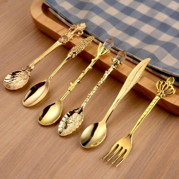 Ensembles de vaisselle 6 pièces incrustation d'or couronne tête longue poignée café Dessert cuillère fourchette Western couverts cuisine vaisselle dîner