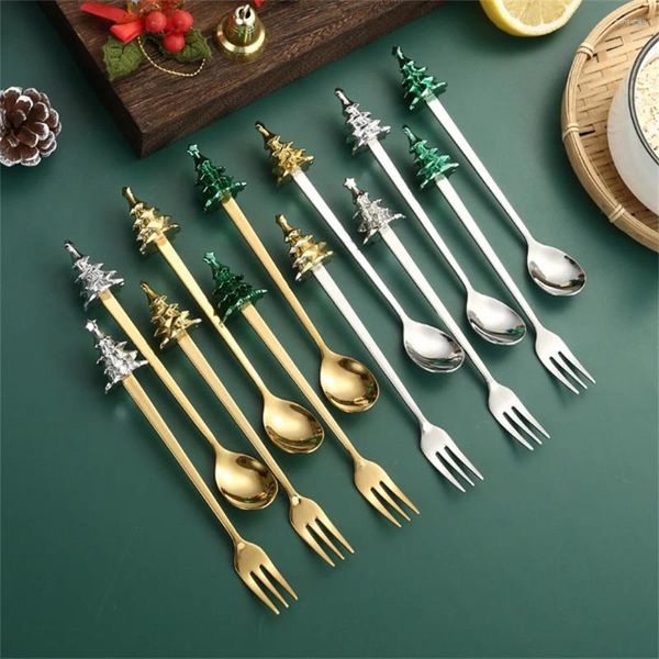 Juegos de vajilla 6pcs/set Cubiertos de navidad Spoon horquilla dorada decoración de árbol de plata postre de vajilla fruta café café