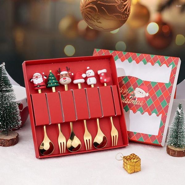 Ensembles de vaisselle 6pcs / set kit de cuillère de fourchette de Noël avec boîte-cadeau de qualité en acier inoxydable charme de Noël topper long manche couverts ustensiles