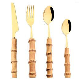 Ensembles de vaisselle 6 pièces/ensemble couteau à Steak cuillère fourchette ensemble vaisselle en acier inoxydable manche en bambou créatif couverts vaisselle de cuisine