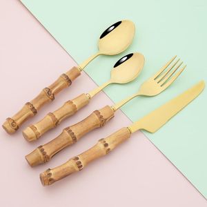 Ensembles de vaisselle 6 personnes ensemble de couverts Vintage Imitation bambou couteau fourchette cuillère à café vaisselle cuisine acier inoxydable argenterie