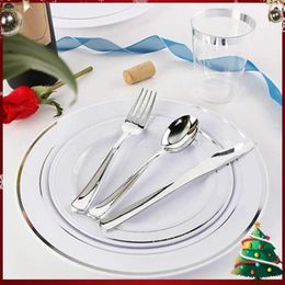 Ensembles de vaisselle 70pcs Ensemble jetable Assiettes à dîner Couteau à dessert Fourchette Cuillère Argent Rimmed Couverts Accueil