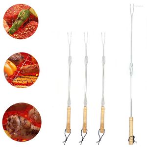 Ensembles de vaisselle 77 cm Ustensiles de cuisine de feu de camp en acier inoxydable Expansion de sécurité Fourchette de barbecue Manche en bois Outils de barbecue trop longs en plein air