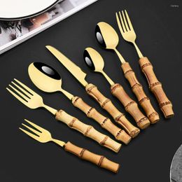 Dinware sets 7 stks gouden bamboe servies set roestvrij staal natuurhandgreep retro cutlery steak knive tafel vork lepel dessert cadeau