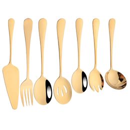 Conjuntos de vajilla 7 piezas Juego de vajilla de acero inoxidable dorado Cuchara de sopa Cuchara de colador Cuchara de servicio Tenedor de ensalada Espátula para pastel Cocina Vajilla para el hogar 230505