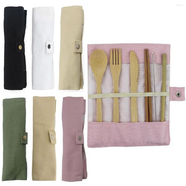 Conjuntos de vajilla Juego de cubiertos de madera japoneses de 7 piezas Paja de bambú con bolsa de tela Vajilla de cocina Tenedores para cena Cuchillos Cucharas Dropshiping