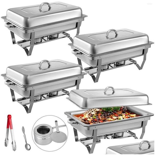 Conjuntos de vajilla 8 Qt Chafing Dish Buffet Set 4 paquetes de acero inoxidable Rectangar plegable Chafer FL Tamaño con bandeja de agua Soporte de combustible Drop D DHVQ5